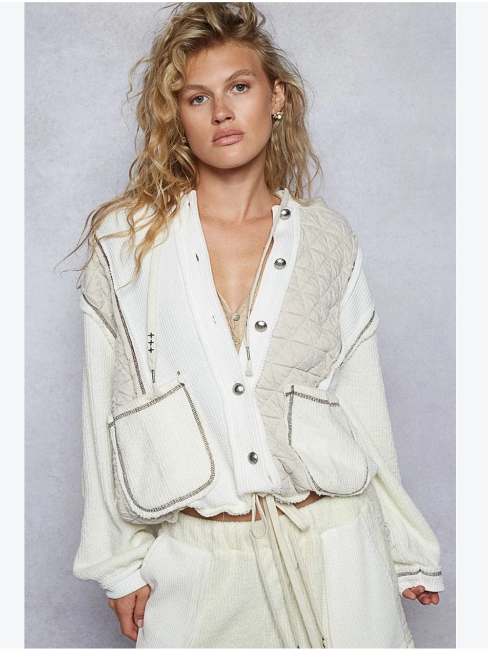New: POL Cream Quilted Waffle Thermal Patchwork Button Front Hooded Jacket• S